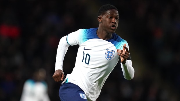 Kobbie Mainoo pictured playing for England in a U19 game in March 2023