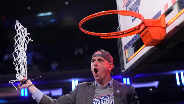Mar 16, 2024; New York City, NY, USA; Connecticut Huskies head coach Dan Hurley celebrates the win over Marquette Golden Eagles at Madison Square Garden.