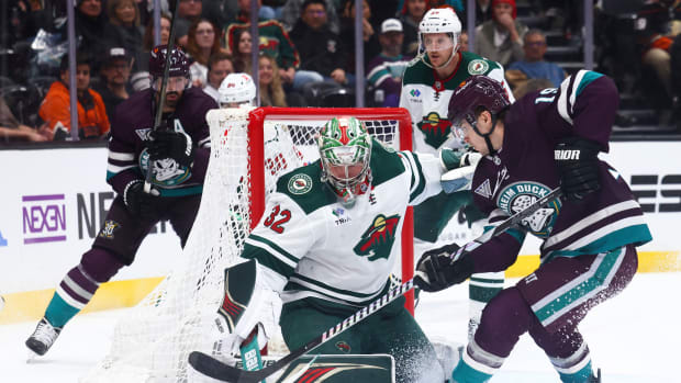 Minnesota Wild goaltender Filip Gustavsson (32) makes a save against Anaheim Ducks right wing Troy Terry (19) during the second period of a game at Honda Center in Anaheim, Calif., on March 19, 2024.
