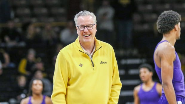 Iowa coach Fran McCaffery laughs before a first-round NIT game against Kansas State on March 19, 2024 in Iowa City, Iowa. (Rob Howe/HN)