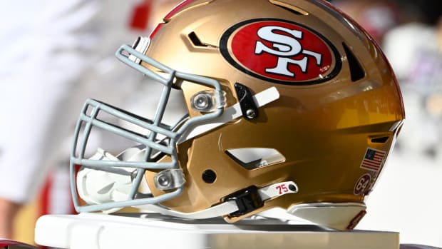 Dec 31, 2023; Landover, Maryland, USA; San Francisco 49ers helmet against the Washington Commanders during the first half at FedExField. Mandatory Credit: Brad Mills-USA TODAY Sports  