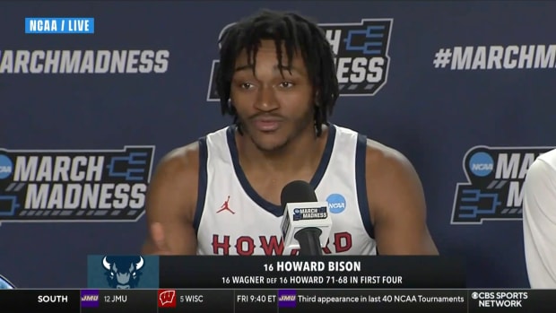 Howard basketball player Bryce Harris speaks at a press conference during the NCAA tournament