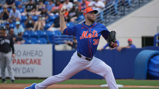 Mar 5, 2024; Port St. Lucie, Florida, USA; New York Mets starting pitcher Tylor Megill (38) pitches against the New York Yankees in the first inning at Clover Park.
