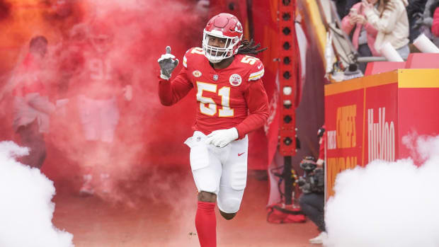 Dec 25, 2023; Kansas City, Missouri, USA; Kansas City Chiefs defensive end Mike Danna (51) is introduced against the Las Vegas Raiders prior to a game at GEHA Field at Arrowhead Stadium. Mandatory Credit: Denny Medley-USA TODAY Sports  