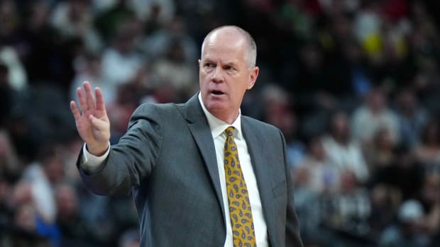 Colorado Buffaloes head coach Tad Boyle reacts against the Oregon Ducks in the first half of the Pac-12 Championship game at T-Mobile Arena