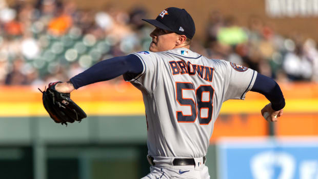 Aug 26, 2023; Detroit, Michigan, USA; Houston Astros starting pitcher Hunter Brown (58) throws in the first inning against the Detroit Tigers at Comerica Park. Mandatory Credit: David Reginek-USA TODAY Sports
