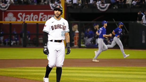 Arizona Diamondbacks left fielder Tommy Pham (28) reacts after being stranded on base during the fifth inning against the Texas Rangers during game five of the 2023 World Series at Chase Field in Phoenix on Nov. 1, 2023.