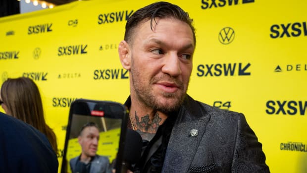 Conor McGregor speaks to press on the red carpet before the premiere of Road House at the Paramount Theatre in Austin, Texas on the first day of South by Southwest, Friday, March 8, 2024. McGregor plays the character \"Knox\" in the movie.