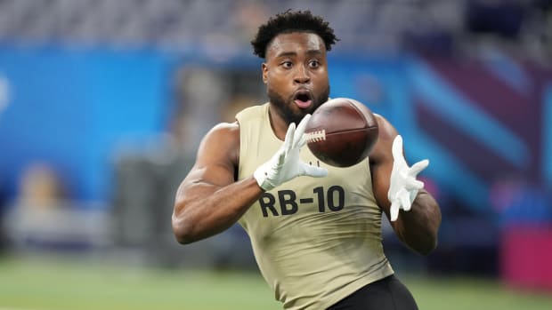 Mar 2, 2024; Indianapolis, IN, USA; Notre Dame running back Audric Estime (RB10) during the 2024 NFL Combine at Lucas Oil Stadium. Mandatory Credit: Kirby Lee-USA TODAY Sports  
