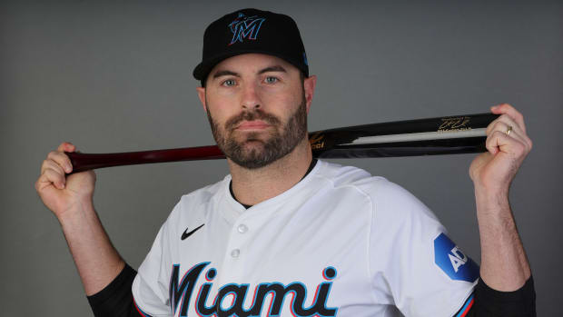 Feb 22, 2024; Jupiter, FL, USA; Miami Marlins catcher Curt Casali (10) poses for a photo during photo day at the Marlins Player Development & Scouting Complex, Mandatory Credit: Sam Navarro-USA TODAY Sports  