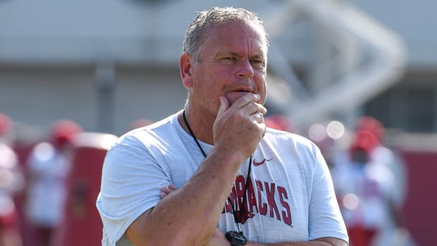 Razorbacks coach Sam Pittman during Friday morning's practice on the outdoor fields