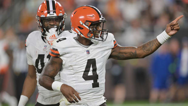 Aug 11, 2023; Cleveland, Ohio, USA; Cleveland Browns quarterback Deshaun Watson (4) celebrates a long gain during the first quarter against the Washington Commanders at Cleveland Browns Stadium. Mandatory Credit: Ken Blaze-USA TODAY Sports