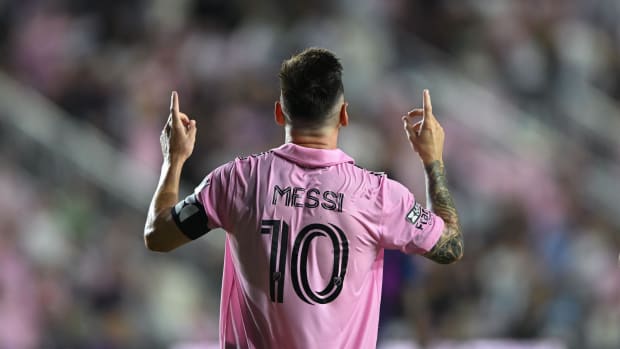 Inter Miami CF forward Lionel Messi reacts after scoring a goal against Charlotte FC at DRV PNK Stadium in 2023