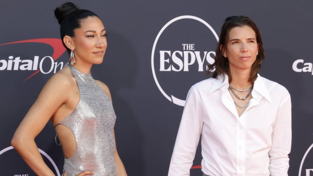 Christen Press and Tobin Heath pose on the red carpet of the 2023 ESPYs awards show.
