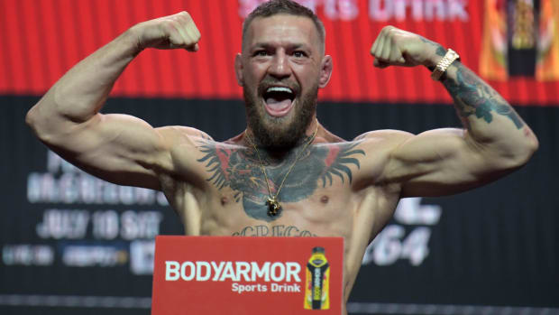 Jul 9, 2021; Las Vegas, Nevada, USA; Conor McGregor reacts during weigh ins for UFC 264 at T-Mobile Arena. Mandatory Credit: Gary A. Vasquez-USA TODAY Sports  
