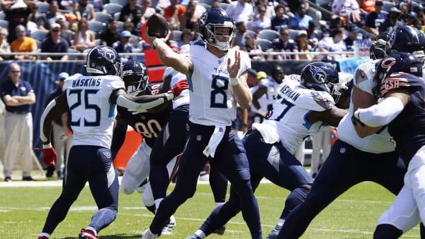 Tennessee Titans quarterback Will Levis (8) looks to pass against the Chicago Bears during the first quarter at Soldier Field.