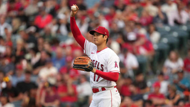 Aug 9, 2023; Anaheim, California, USA; Los Angeles Angels starting pitcher Shohei Ohtani (17) reacts in the first inning against the San Francisco Giants at Angel Stadium.