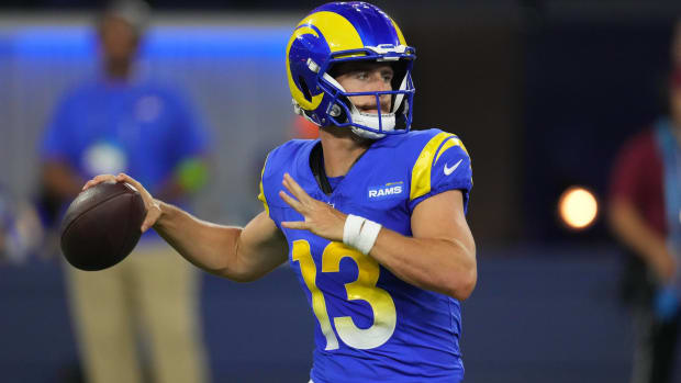 Rams quarterback Stetson Bennett throws a pass in a preseason game vs. the Chargers.