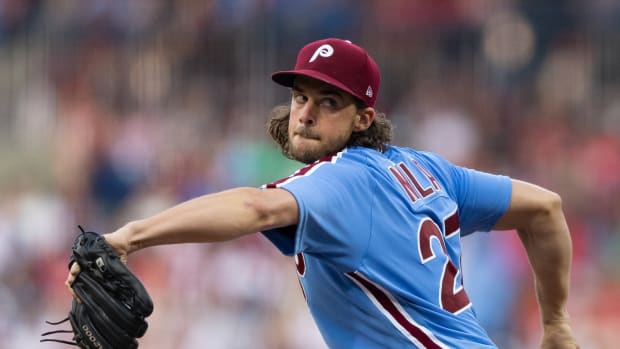 Aug 10, 2023; Philadelphia, Pennsylvania, USA; Philadelphia Phillies starting pitcher Aaron Nola (27) throws a pitch during the third inning against the Washington Nationals at Citizens Bank Park. Mandatory Credit: Bill Streicher-USA TODAY Sports