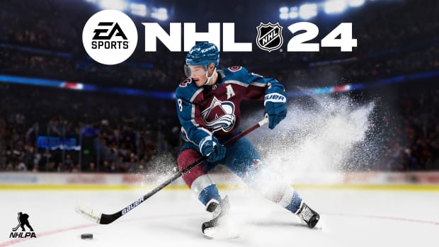A white man wearing a red and blue hockey uniform is skating down the ice, with the words EA Sports NHL 24 emblazoned at the top of the image