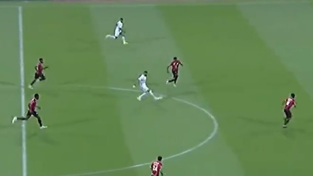 Karim Benzema pictured (center) playing a through pass for Abderrazak Hamdallah moments before the Moroccan striker scored a goal in Al-Ittihad's 3-0 win at Al-Raed in August 2023