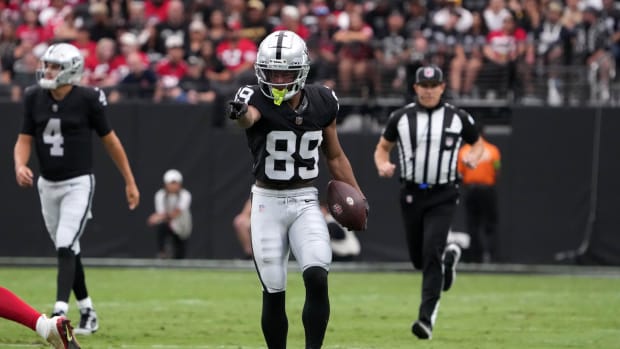 Aug 13, 2023; Paradise, Nevada, USA; Las Vegas Raiders wide receiver Tre Tucker (89 gestures after a first down against the San Francisco 49ers in the first half at Allegiant Stadium. Mandatory Credit: Kirby Lee-USA TODAY Sports