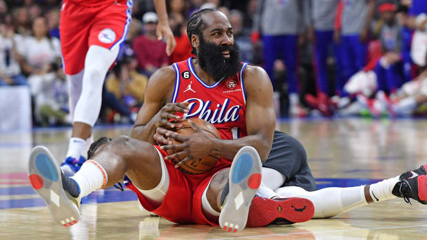 76ers’ James Harden complains about a call.