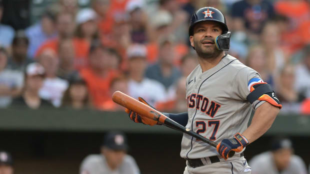 Aug 8, 2023; Baltimore, Maryland, USA; Houston Astros second baseman Jose Altuve (27) stands at home plate during a first inning at bat against the Baltimore Orioles at Oriole Park at Camden Yards. Mandatory Credit: Tommy Gilligan-USA TODAY Sports