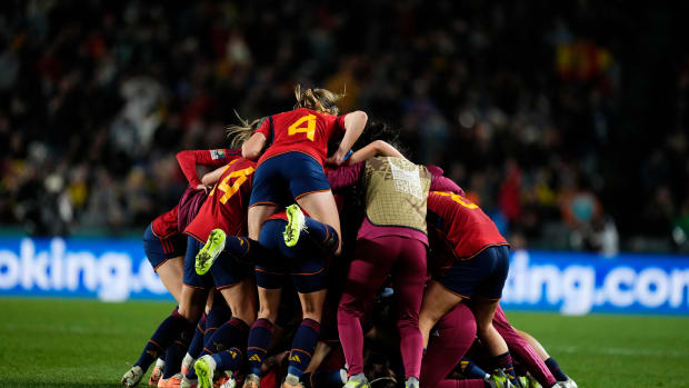 Spain's players pictured celebrating during their 2-1 win over Sweden in the semi-finals of the 2023 FIFA Women's World Cup