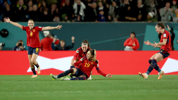 Spain celebrates a goal vs. Sweden