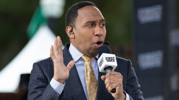ESPN’s First Take analyst Stephen A. Smith speaks during a show.