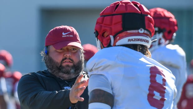 Razorbacks offensive line coach Cody Kennedy at Tuesday morning practice