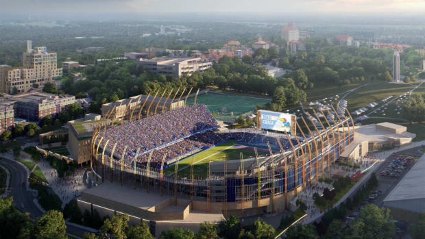 A rendering of David Booth Kansas Memorial Stadium after renovations as part of The Gateway District project