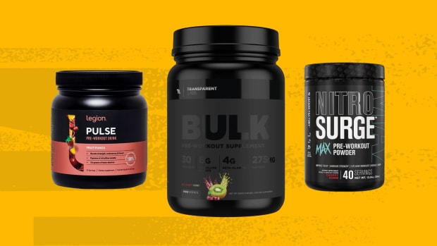 Legion Pulse Pre-workout fruit punch flavor, Transparent Labs BULK Pre-workout flavor, and Nitro Surge Max pre-workout powder in cherry bomb flavor, standing side by side against an orange background