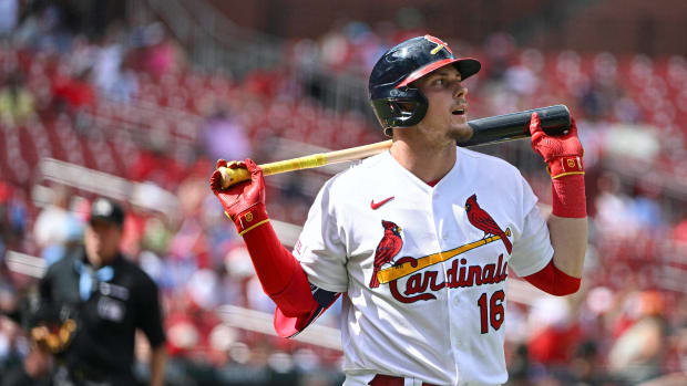 Aug 6, 2023; St. Louis, Missouri, USA; St. Louis Cardinals second baseman Nolan Gorman (16) walks back to the dugout after popping out in to foul territory against the Colorado Rockies during the ninth inning at Busch Stadium.