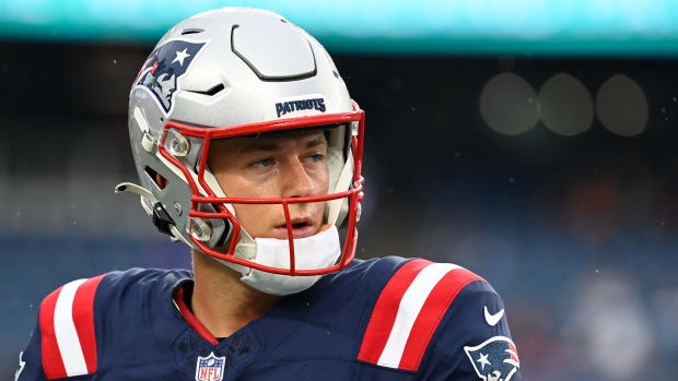 Aug 10, 2023; Foxborough, Massachusetts, USA; New England Patriots quarterback Mac Jones (10) warms up before a game against the Houston Texans at Gillette Stadium. Mandatory Credit: Eric Canha-USA TODAY Sports  