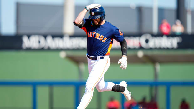 Mar 1, 2023; West Palm Beach, Florida, USA; Houston Astros outfielder Jacob Melton rounds second base after hitting a home run against the Boston Red Sox during the sixth inning at The Ballpark of the Palm Beaches. Mandatory Credit: Rich Storry-USA TODAY Sports