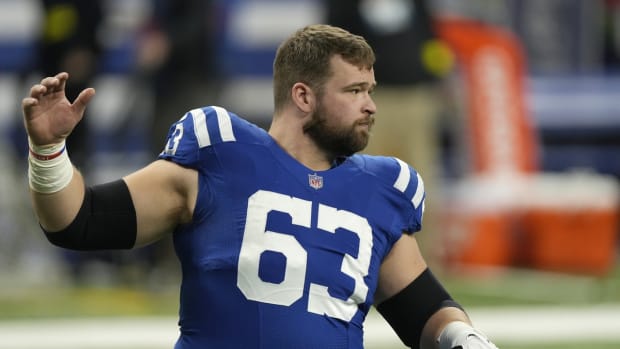 Dec 26, 2022; Indianapolis, Indiana, USA; Indianapolis Colts guard Danny Pinter (63) warms up before action against the Los Angeles Chargers Monday, Dec. 26, 2022, at Lucas Oil Stadium.