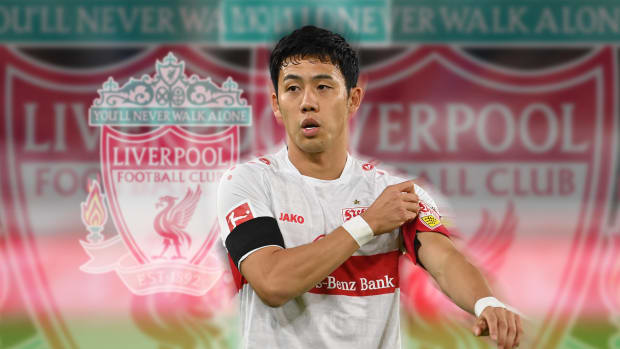 A photo of Wataru Endo playing for Stuttgart during the 2022/23 season with Liverpool club crests added in the background