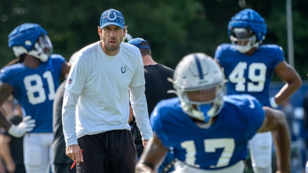 Indianapolis Colts Head Coach Shane Steichen watches the players during Colts Camp practice at Grand Park, Tuesday, Aug. 1, 2023 in Westfield.  