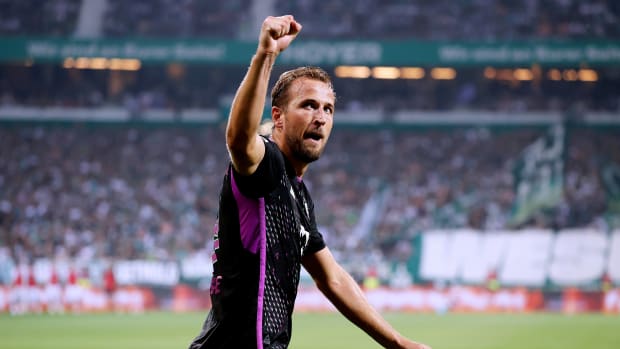 Harry Kane pictured celebrating after scoring his first goal for Bayern Munich during a 4-0 win over Werder Bremen in the Bundesliga in August 2023