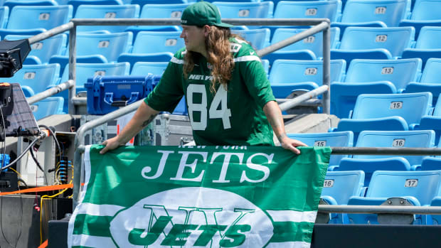 Jets' fan in Charlotte prior to preseason game against the Panthers