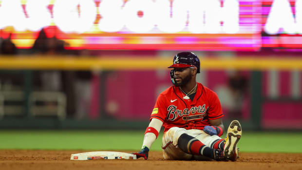 Aug 18, 2023; Atlanta, Georgia, USA; Atlanta Braves center fielder Michael Harris II (23) reacts after stealing second base against the San Francisco Giants in the sixth inning at Truist Park.