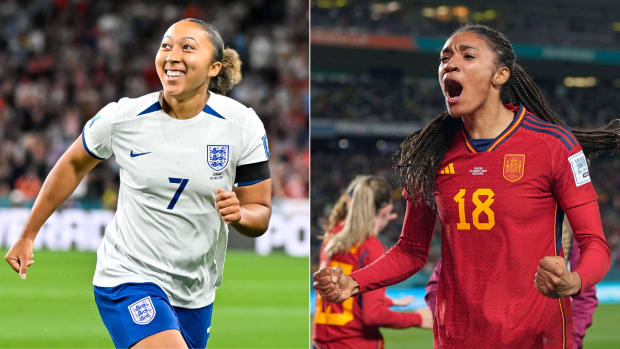 A split image of England forward Lauren James smiling and Spain winger Salma Paralluelo celebrating at the Women's World Cup.