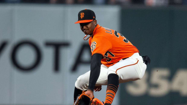 SF Giants shortstop Marco Luciano fields a grounder by Boston Red Sox second baseman Justin Turner during the sixth inning at Oracle Park. (2023)