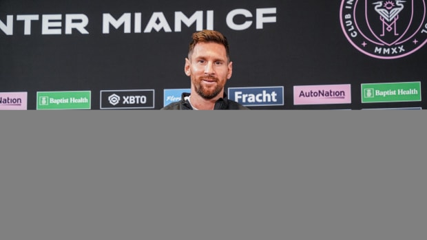 Lionel Messi at an Inter Miami CF press conference ahead of the Leagues Cup Final.