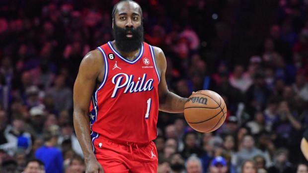 76ers point guard James Harden dribbles the ball in a game vs. the Knicks.