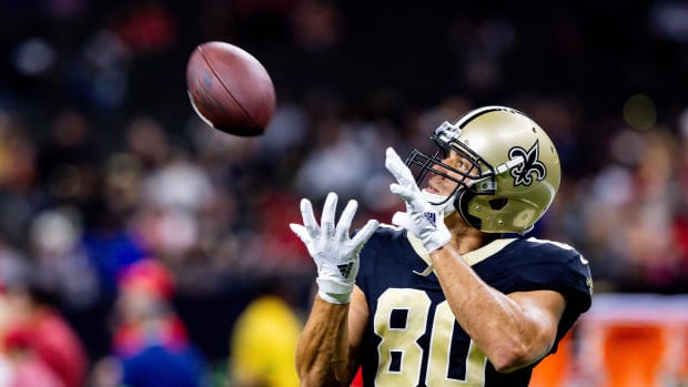 Aug 13, 2023; New Orleans, Louisiana, USA; New Orleans Saints tight end Jimmy Graham (80) warms up before the game against the Kansas City Chiefs during the pregame at the Caesars Superdome.