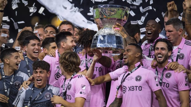 Inter Miami players pictured celebrating after winning the 2023 Leagues Cup final against Nashville