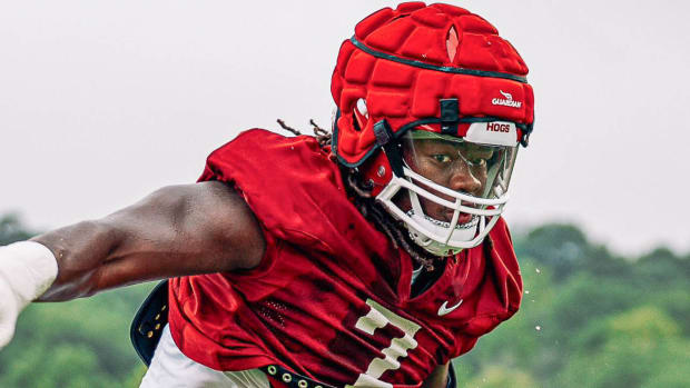Razorbacks defensive end Trajan Jeffcoat during a fall camp practice on the outdoor practice fields